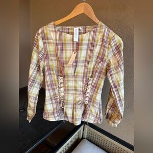 Anthropologie Yellow & Pink Plaid Lace-Up Peasant Top